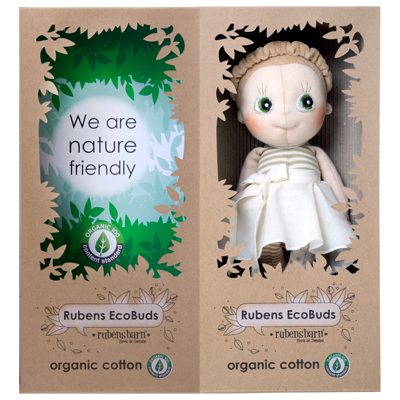 Verpackung der Rubens EcoBuds Puppe Hazel aus Bio-Baumwolle im Naturkarton