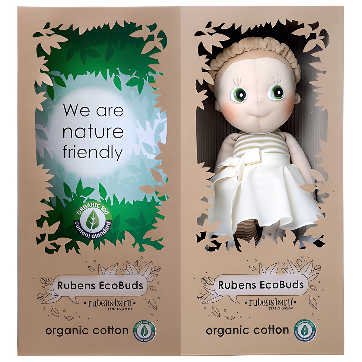 Verpackung der Rubens EcoBuds Puppe Hazel aus Bio-Baumwolle im Naturkarton