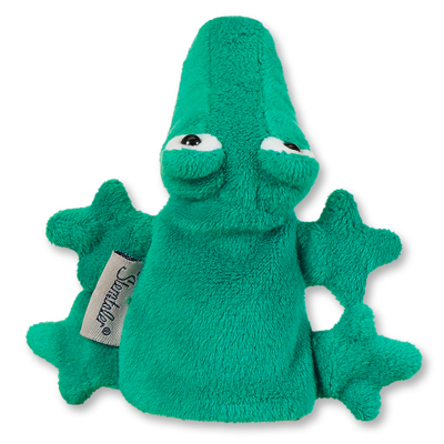 Sterntaler Fingerpuppe Krokodil, grüner Kopf mit hochsitzenden Augen und kleinen Krallenhänden