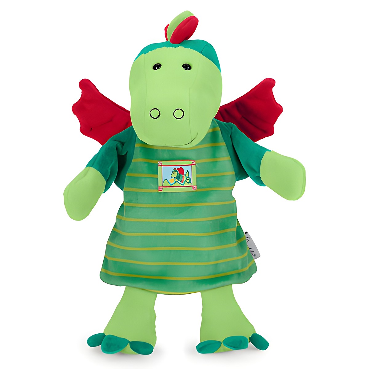 Sterntaler Baby-Handpuppe Drache, grüner Körper mit roten Flügeln und grün-gelb gestreiftem Kleid