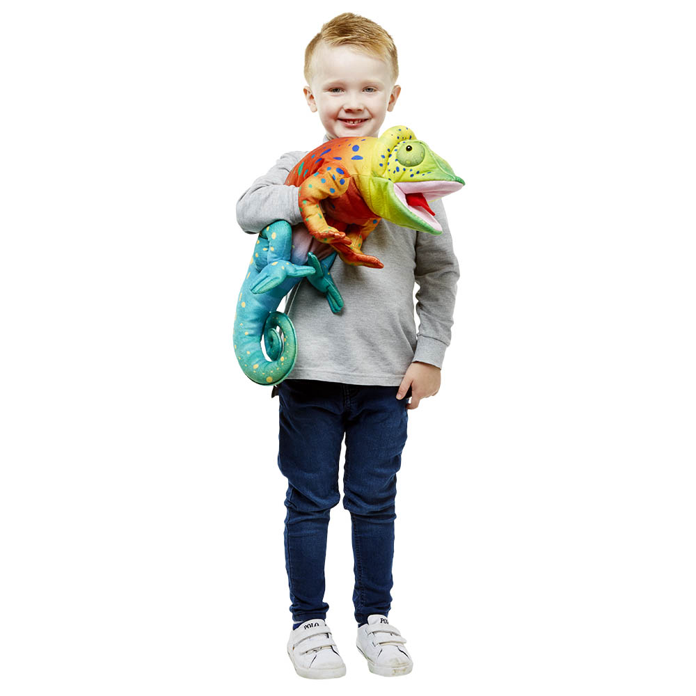 Junge hält die The Puppet Company Handpuppe Großes Chamäleon auf dem Arm, Anwendungsbeispiel