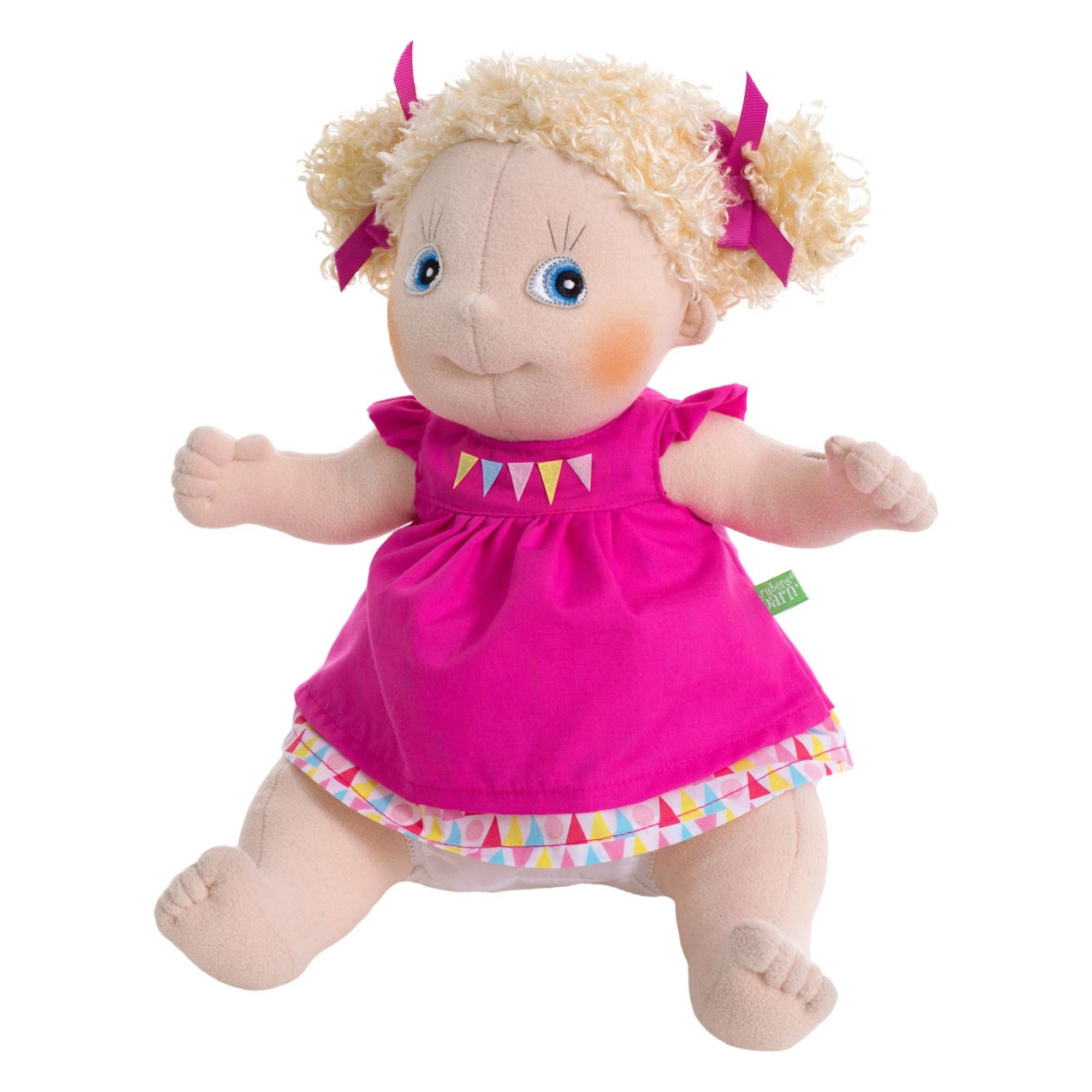 Rubens Kids Puppe Linnea mit blonden Löckchen und pinkem Kleid mit Wimpel-Stickerei