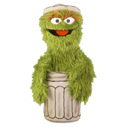 Living Puppets hand puppet Oscar from Sesame Street with green shaggy fur, sitting in his rubbish bin with the lid on his head