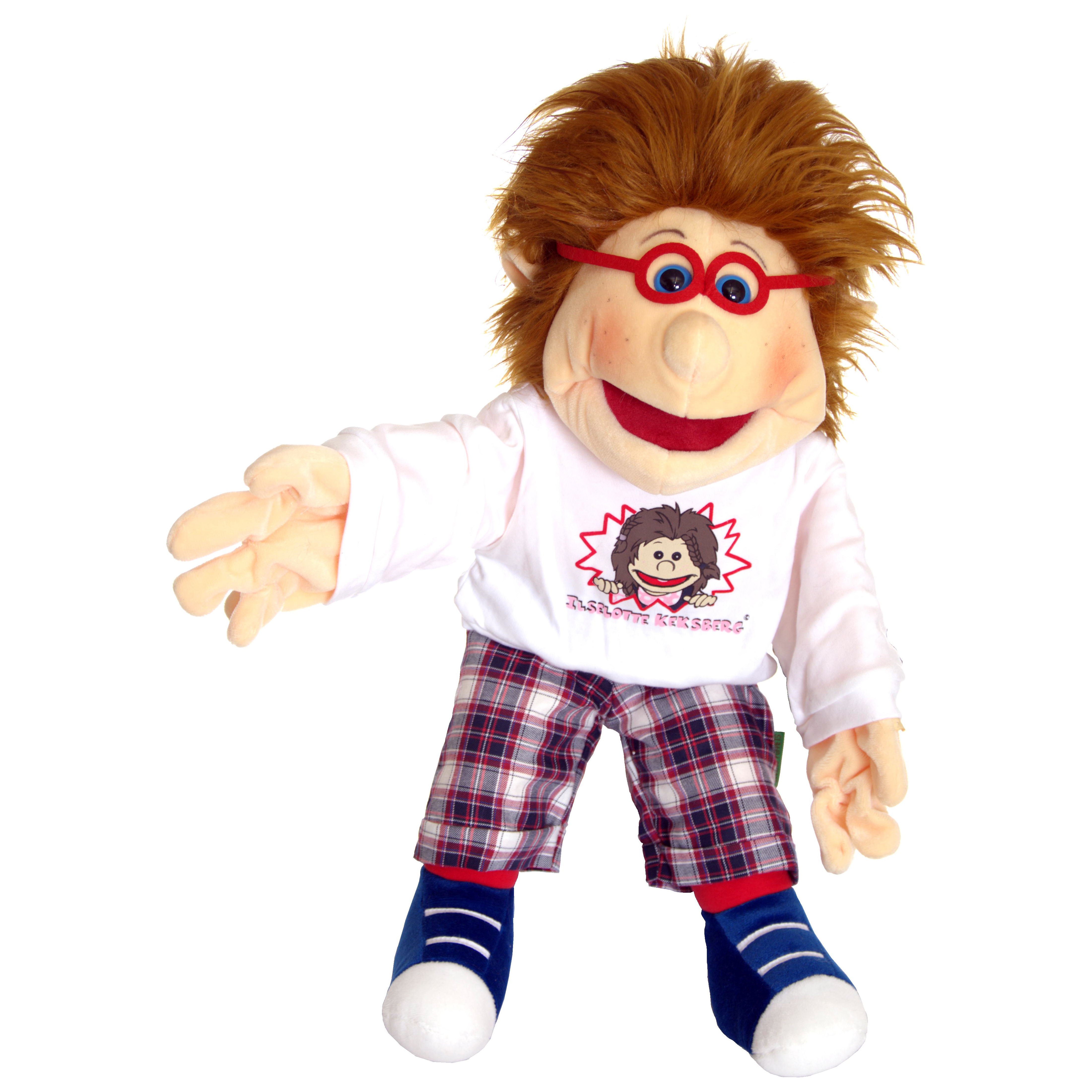 Living Puppets Handpuppe Kleines Peterchen mit roter runder Brille, zerzausten Haaren, weißem Shirt mit Igel-Motiv und karierter Hose
