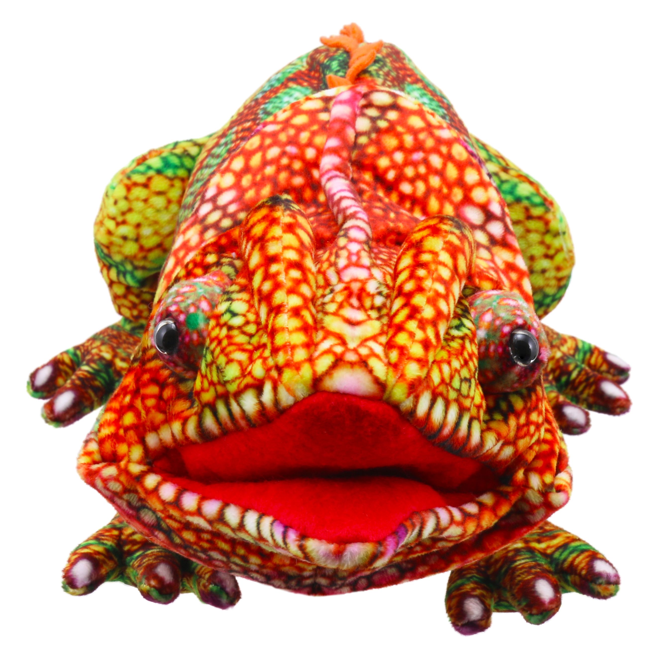 The Puppet Company hand puppet chameleon orange, close-up of the head with the mouth wide open in red