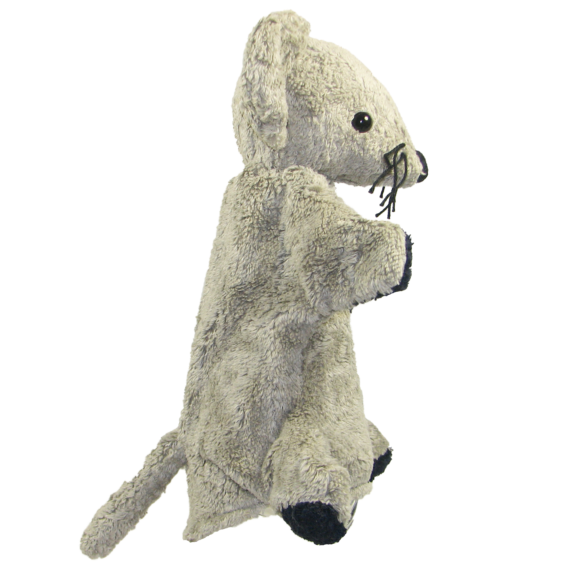 Kallisto Handpuppe Maus grau Seitenansicht, graue Handpuppe aus Naturmaterial mit langem Schwanz und dunklen Pfoten