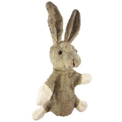 Kallisto Handpuppe Hase, Frontansicht mit langen Ohren, grau-braunem Fell und cremefarbenen Pfoten