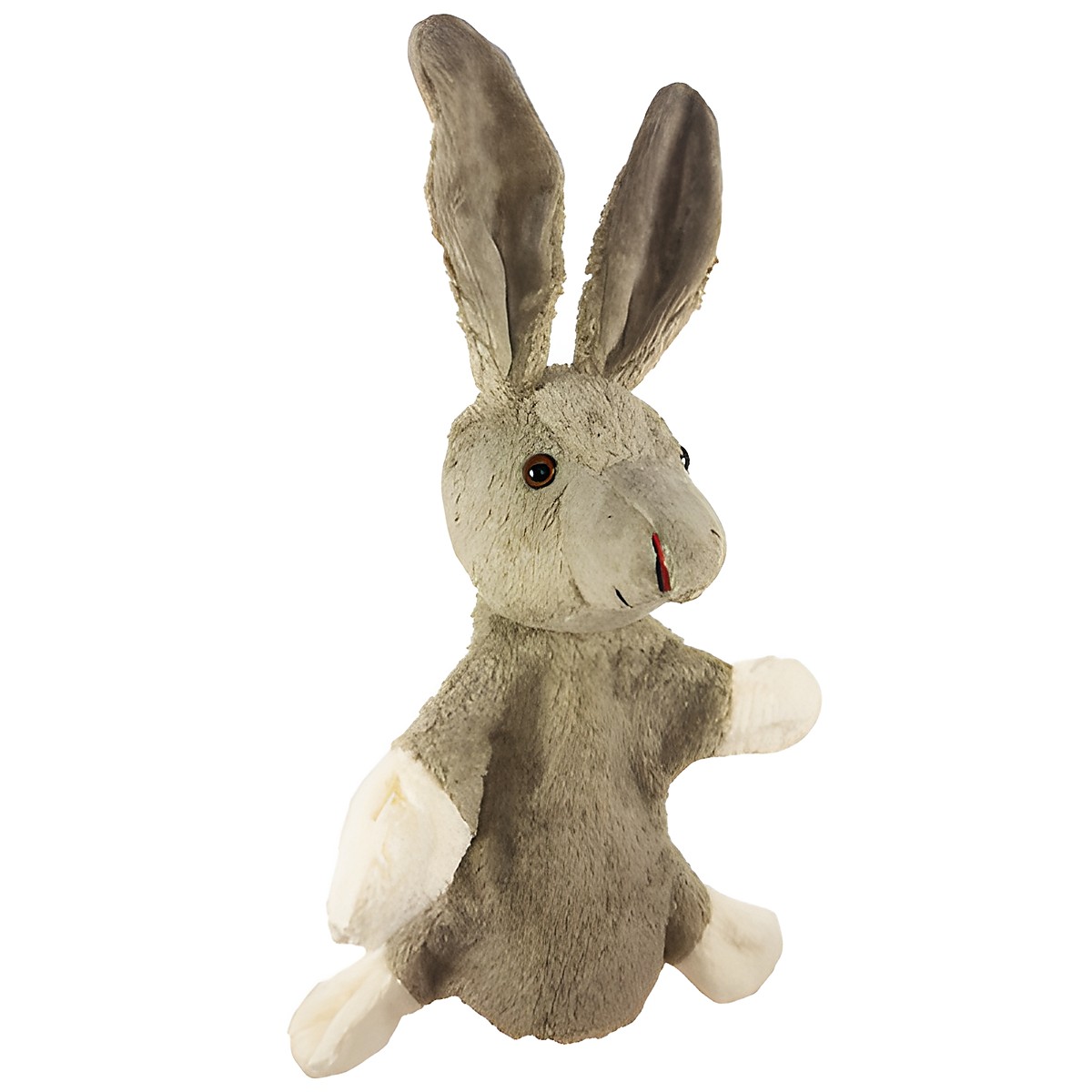 Kallisto Handpuppe Hase, Frontansicht mit langen Ohren, grau-braunem Fell und cremefarbenen Pfoten