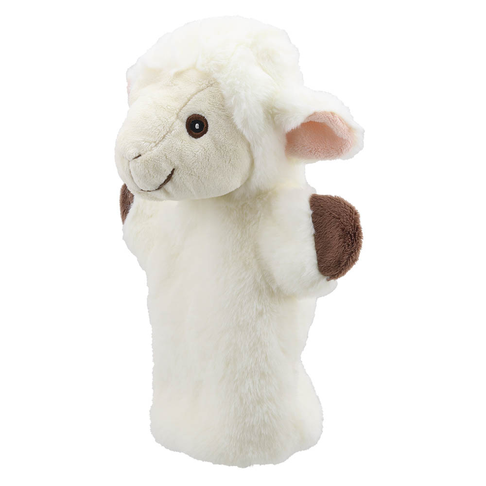 The Puppet Company Baby-Handpuppe Schaf, cremeweißes Schaf mit braunen Hand-Applikationen, Nahaufnahme