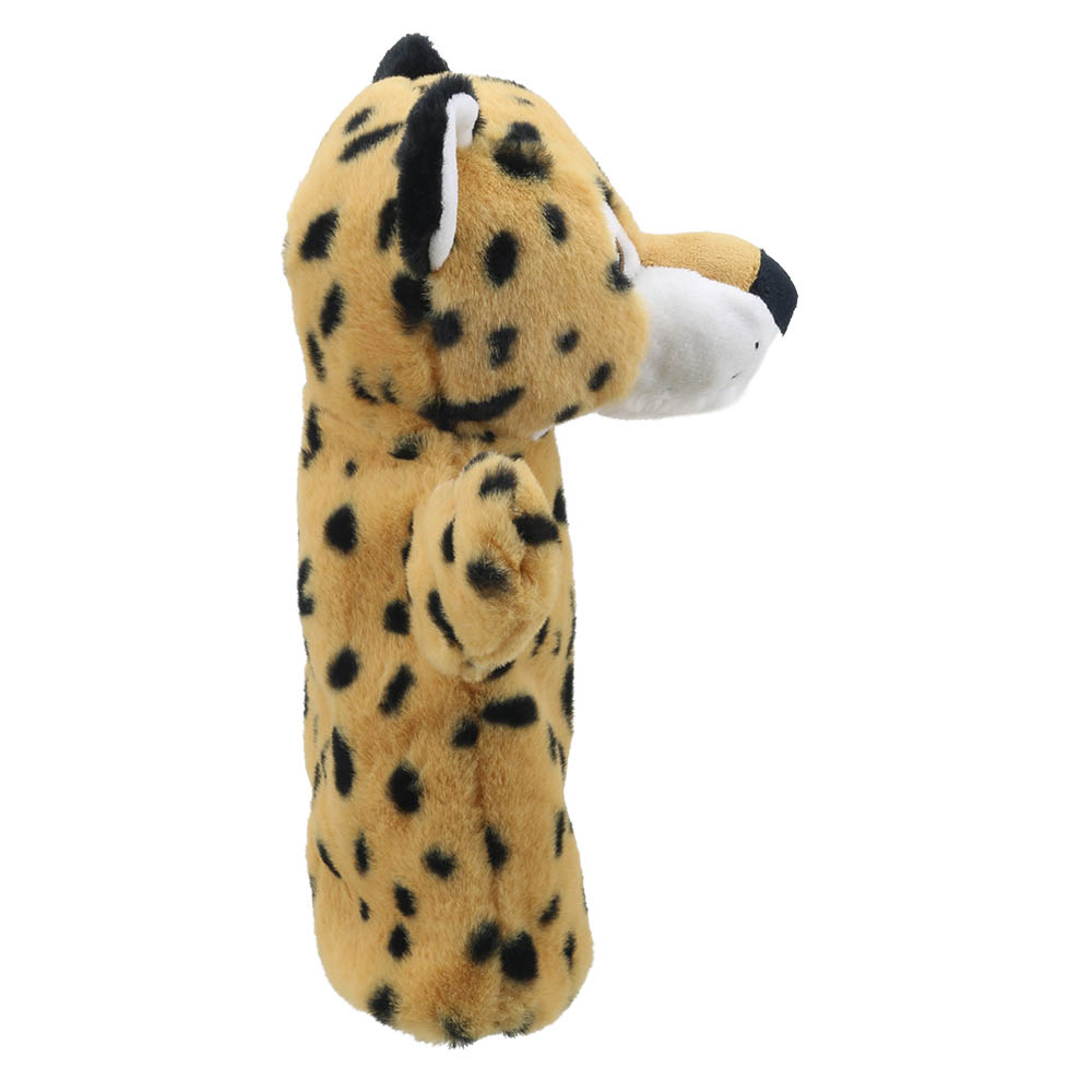 The Puppet Company baby hand puppet leopard, spotted puppet with a white muzzle, right side view