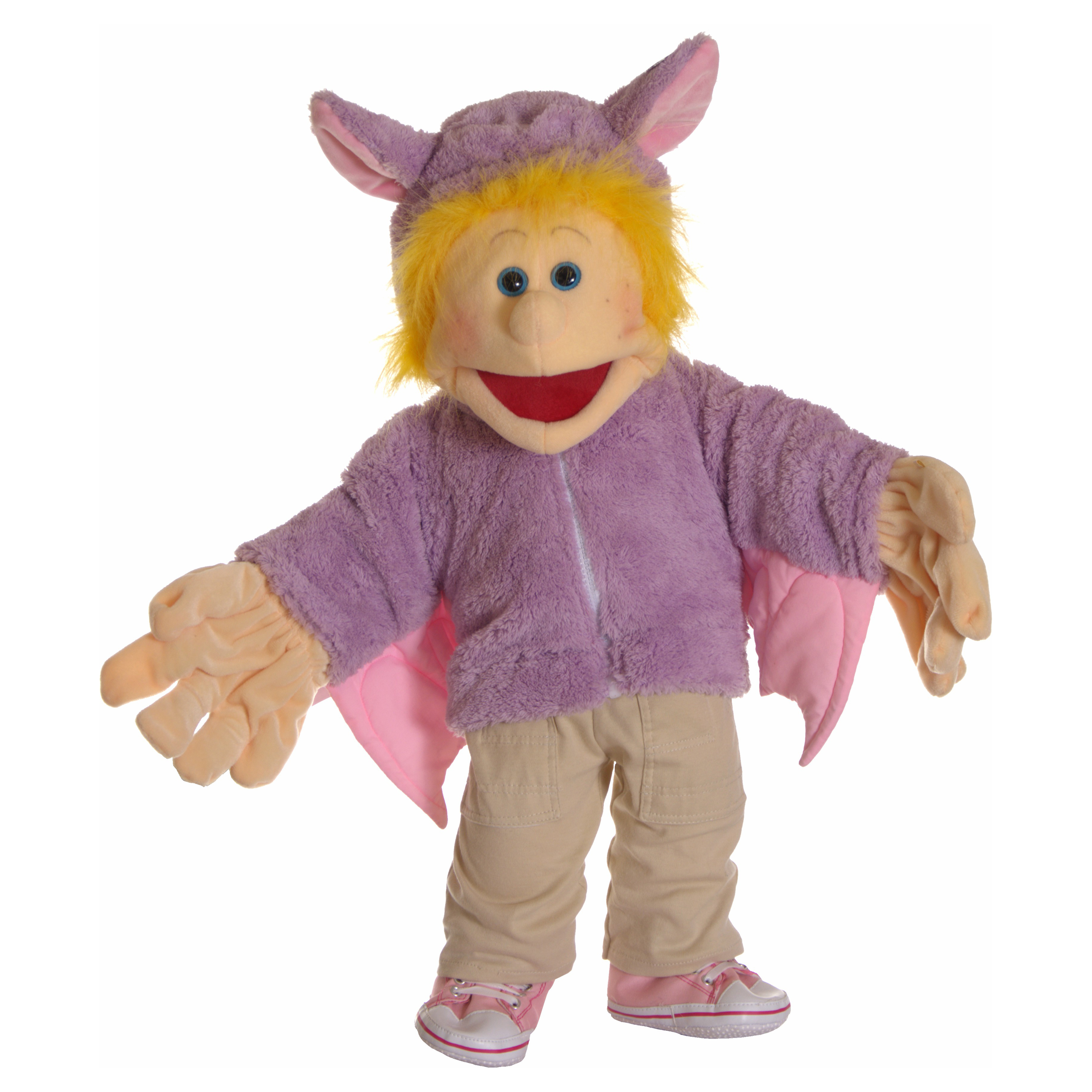 Fledermausjacke für Living Puppets Handpuppen (65 cm) in Flieder mit Ohren-Kapuze und rosa Flügeln