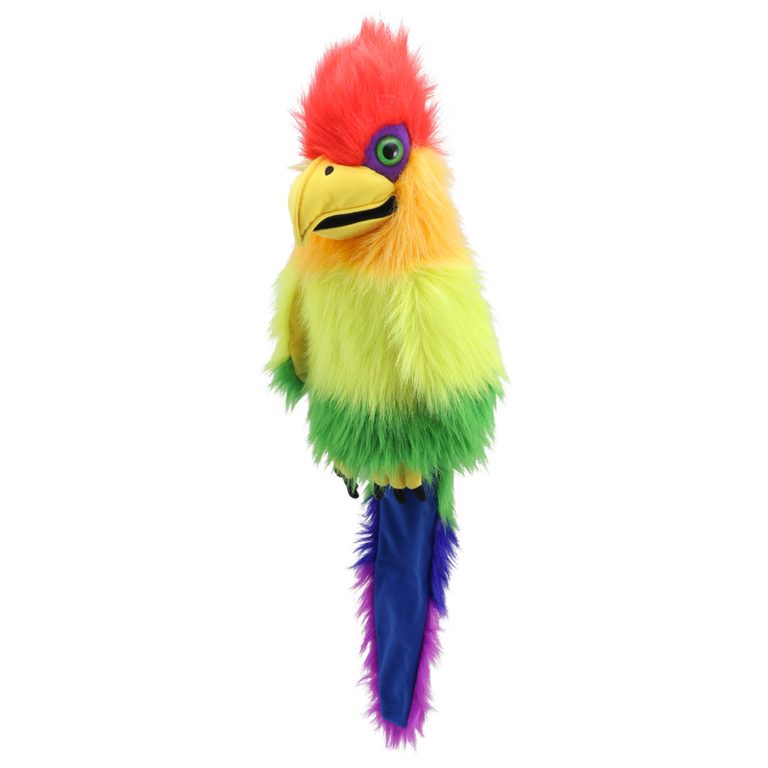 The Puppet Company hand puppet rainbow bird with sound, colourful bird with a red head and yellow beak, front view
