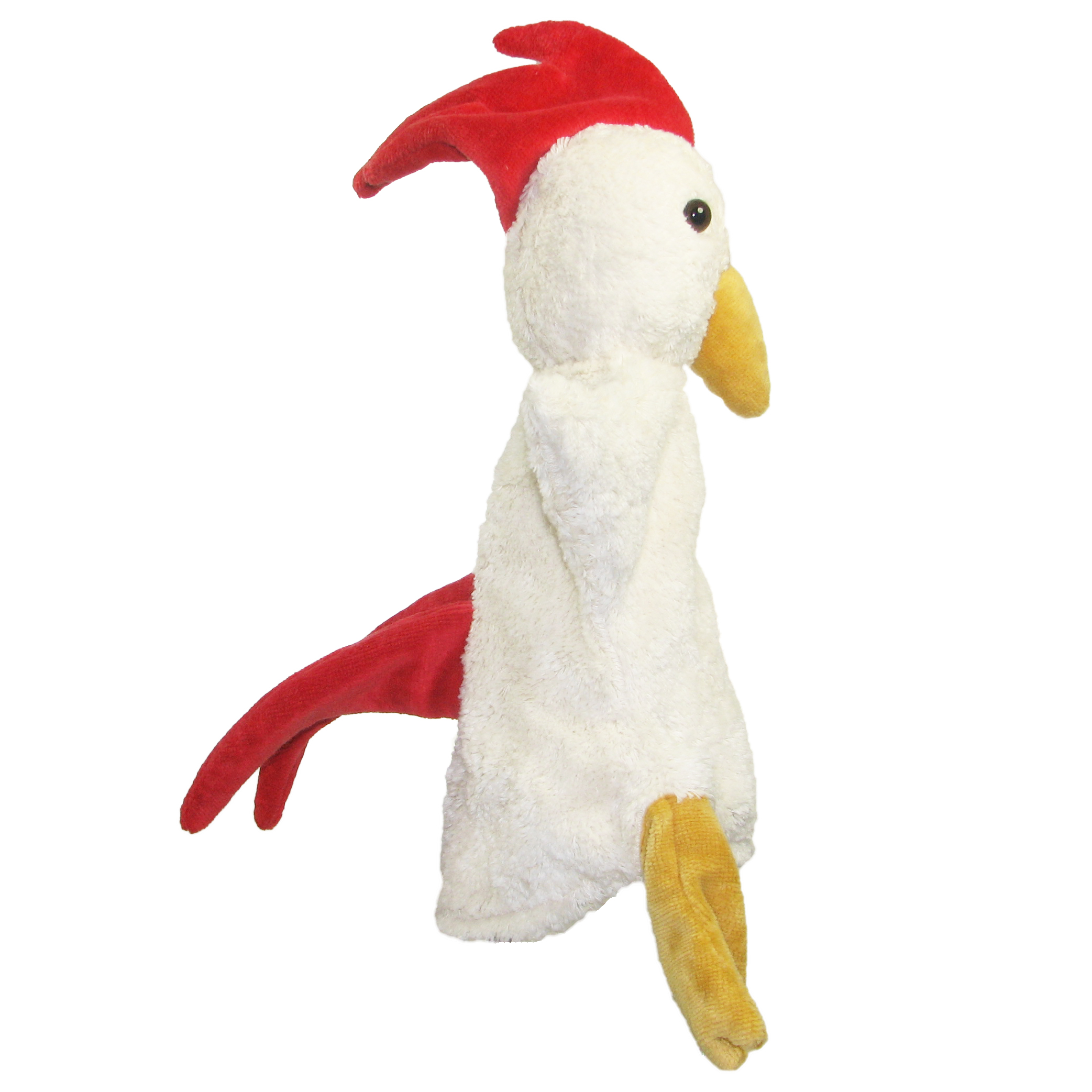 Kallisto hand puppet rooster side view, white natural-material puppet with red tail feathers and a yellow beak