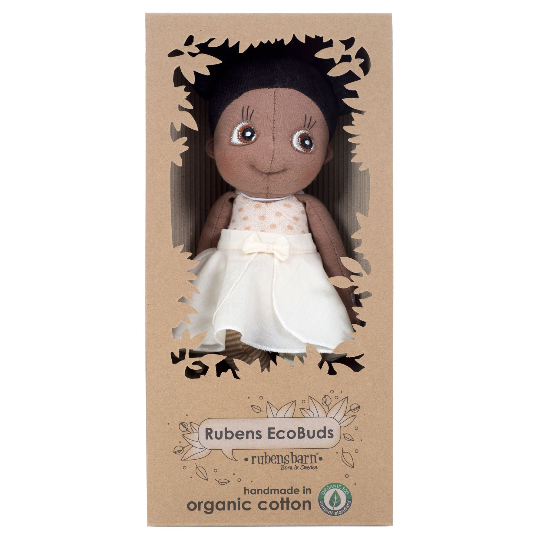 Rubens EcoBuds Puppe Poppy in der Naturkarton-Verpackung aus Bio-Baumwolle
