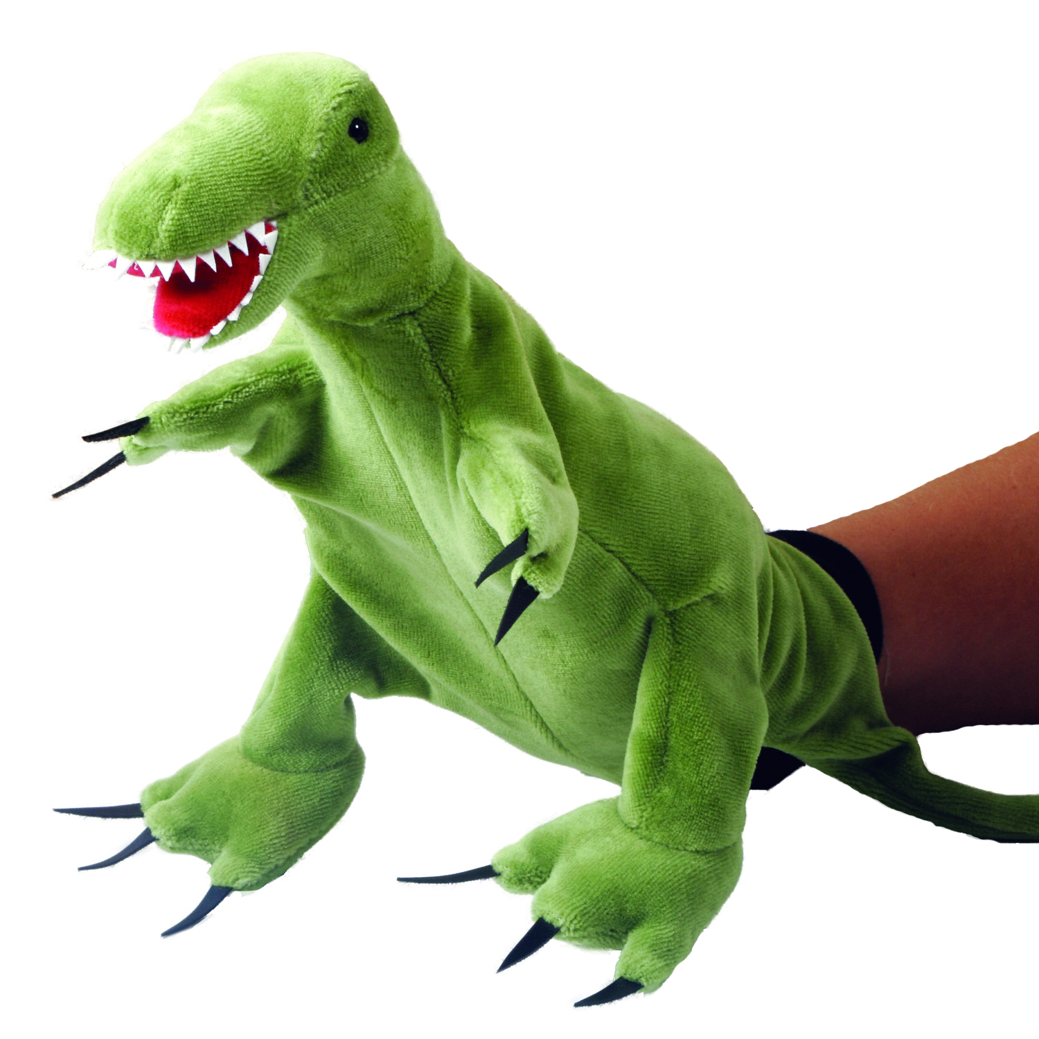 Beleduc Handpuppe T-Rex mit grünem Körper, geöffnetem Maul mit weißen Zähnen und scharfen Krallen