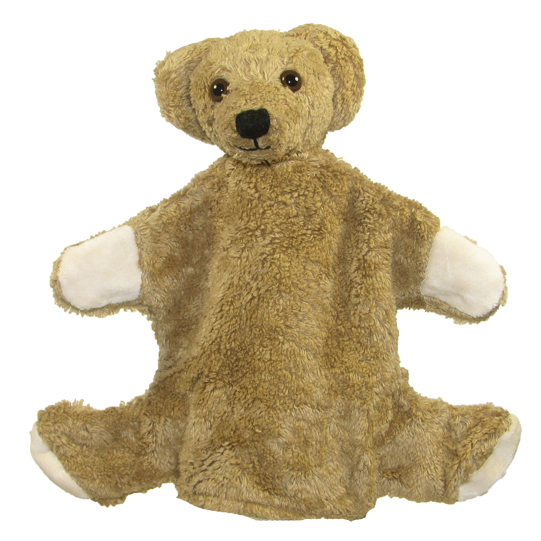 Kallisto Handpuppe Bär karamell, Frontansicht mit weißen Pfoten und karamellfarbenem Fell
