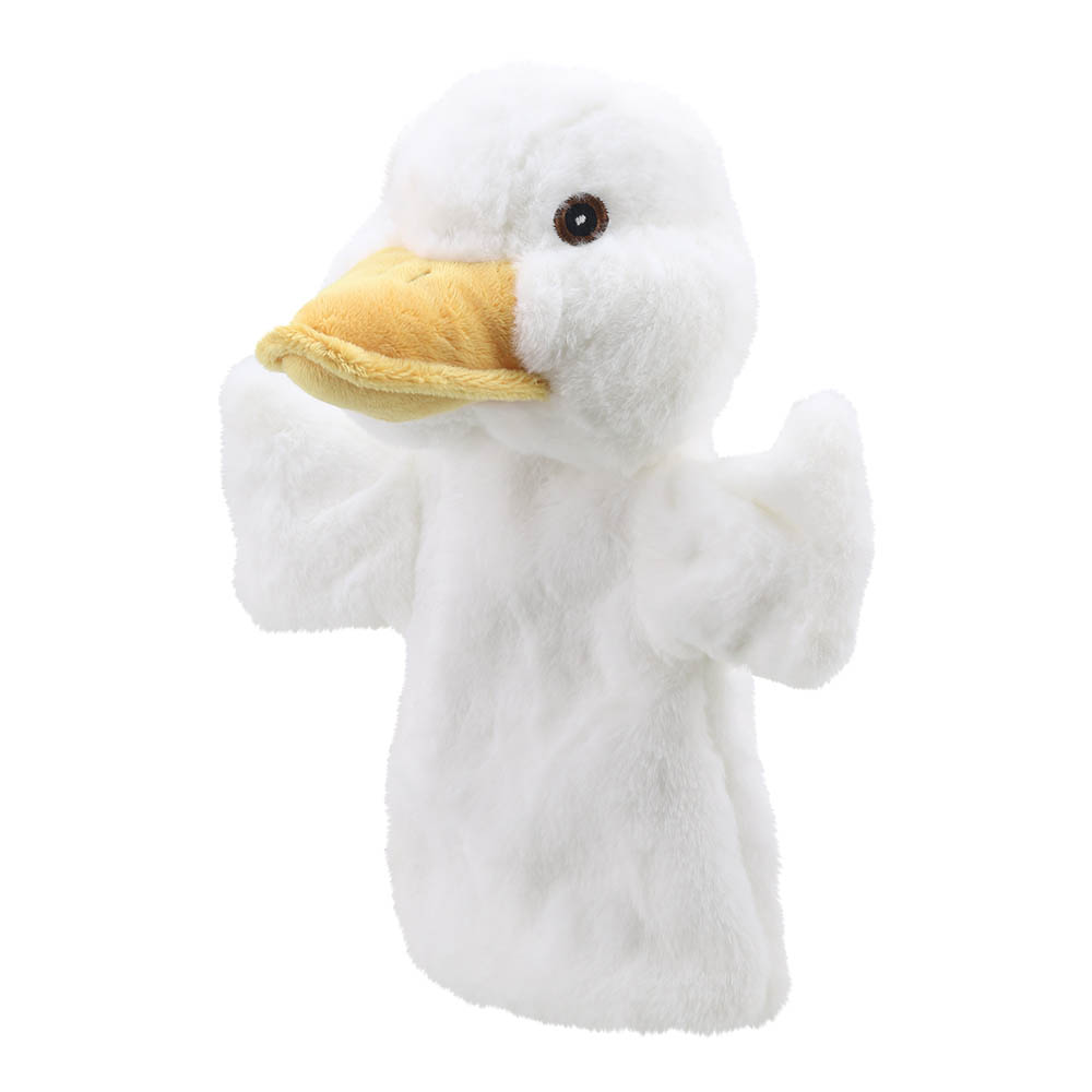 The Puppet Company hand puppet duck, front view with the head slightly turned and a wing outstretched