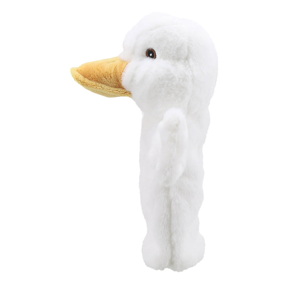 The Puppet Company hand puppet duck, side view showing the yellow beak in full length
