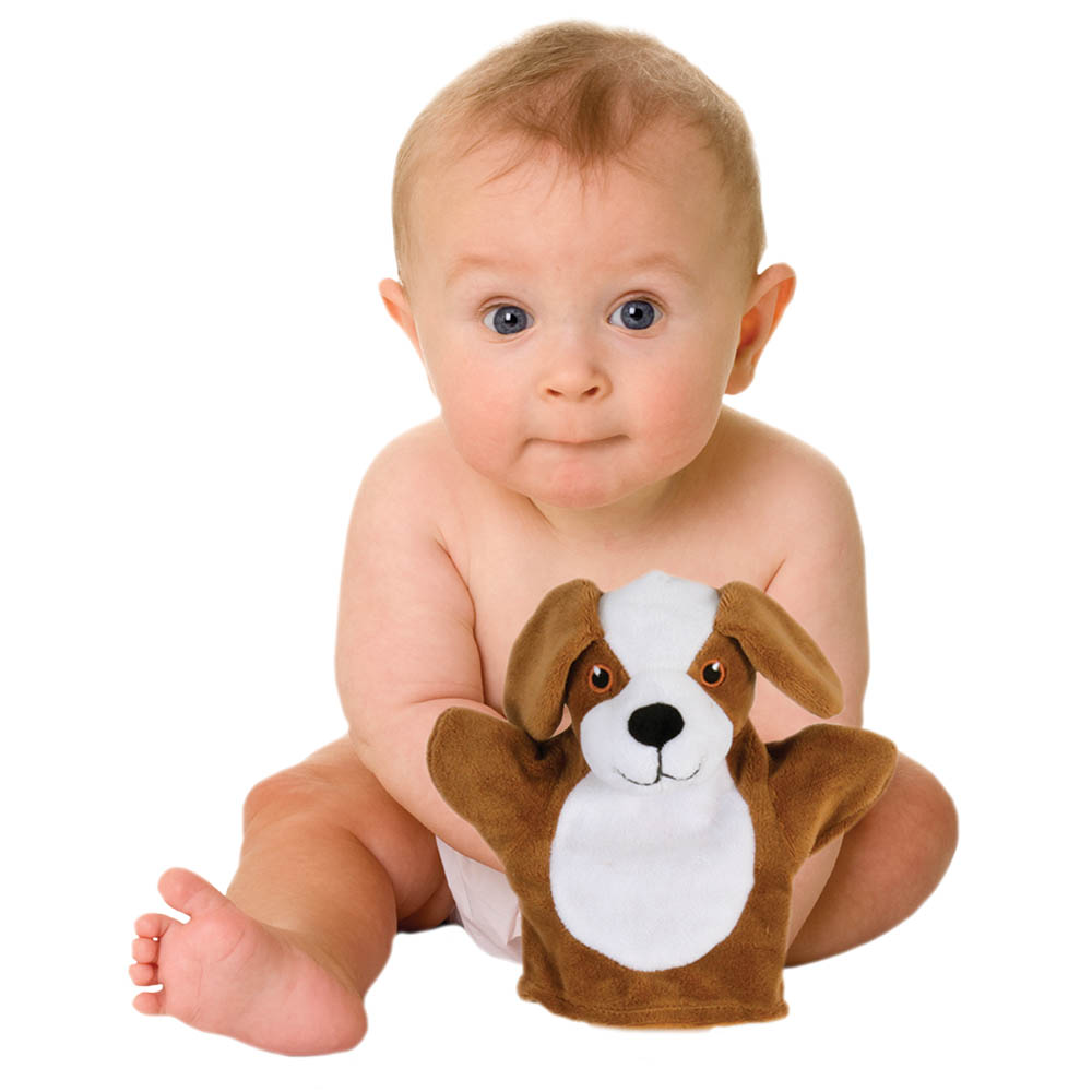 Baby sitting with the The Puppet Company baby hand puppet dog, usage example