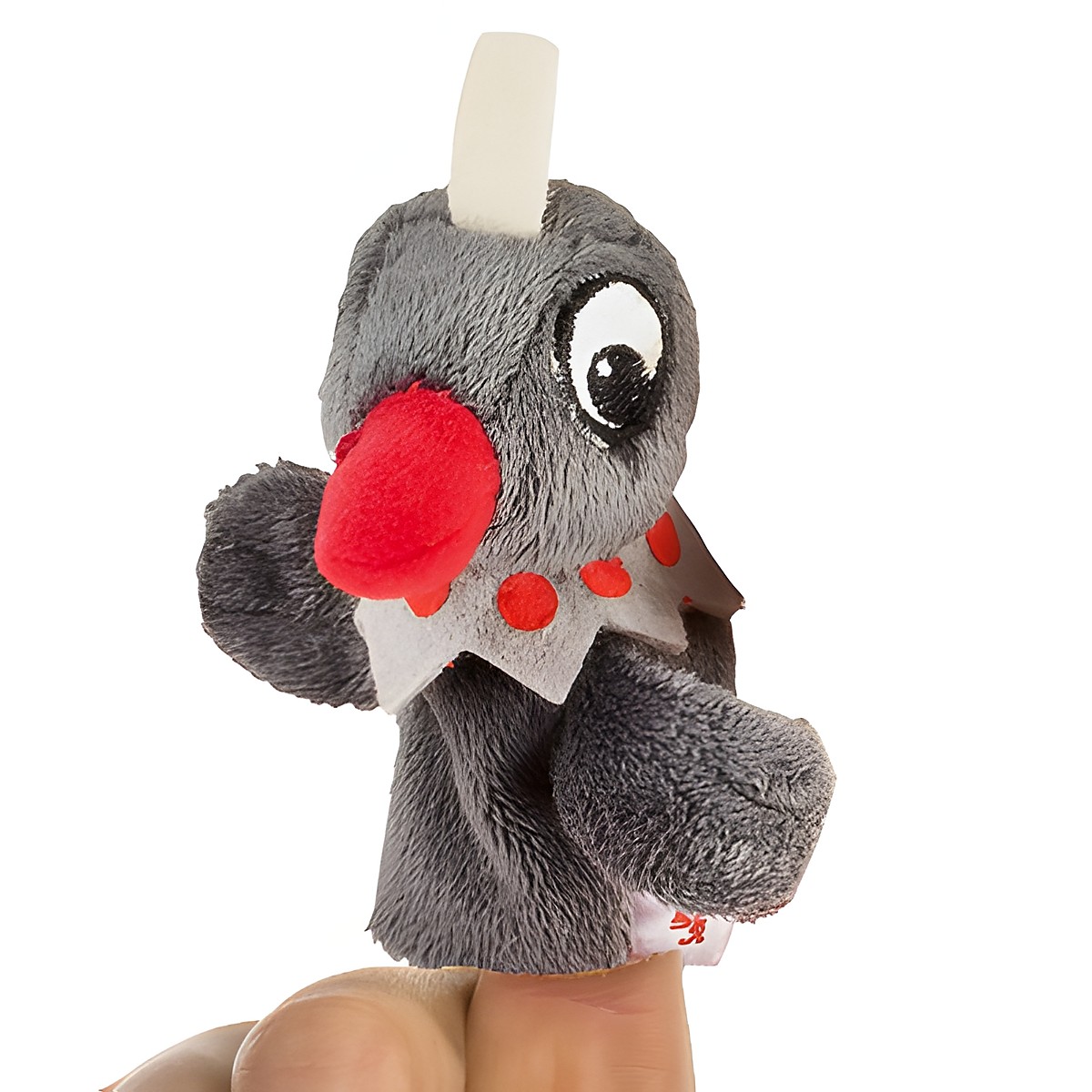 Heunec finger puppet Frau Elster from the 6-piece Sandmaennchen and friends set, grey character with white feather tuft and red beak