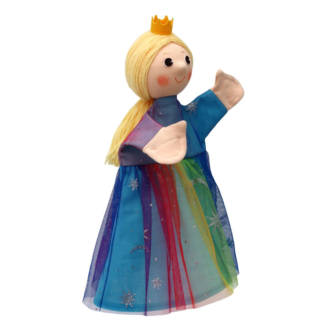 Kasperlepuppe Prinzessin Regenbogen von munabo mit goldener Krone, blondem Haar und Regenbogen-Tüllkleid