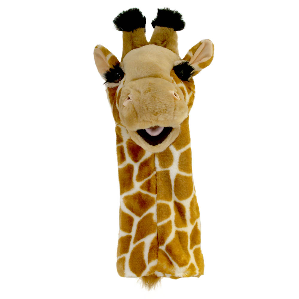 The Puppet Company baby hand puppet giraffe, spotted giraffe puppet with an open mouth, front view