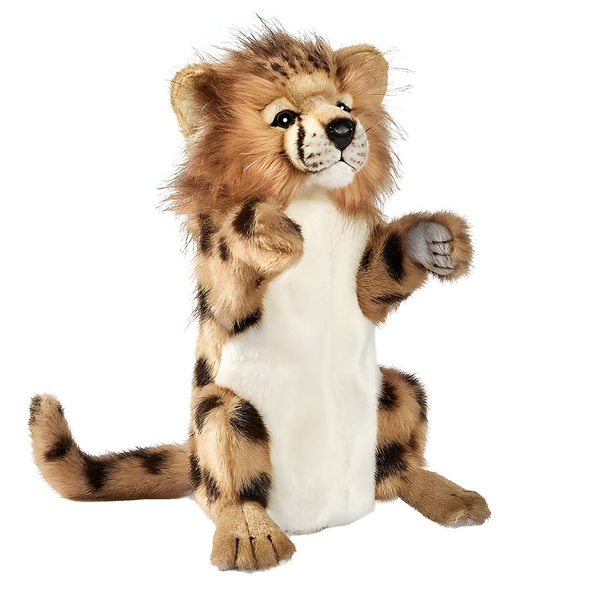 Gepard Handpuppe von Hansa Creation mit getupftem Fell, heller Brust und flauschiger Jungtier-Mähne