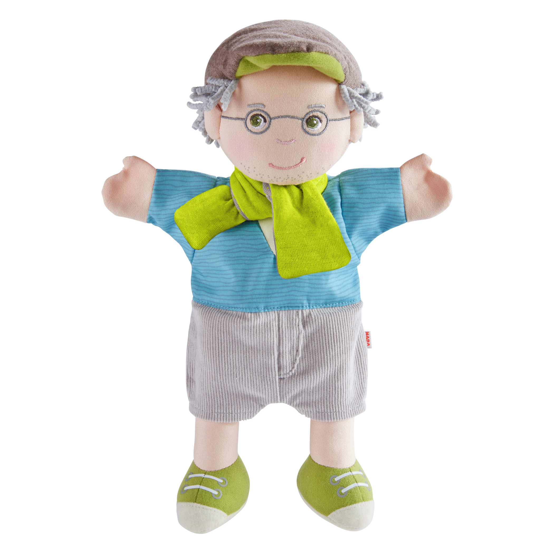 HABA baby hand puppet grandpa Peter, with grey hair, glasses, green cap and turquoise striped shirt