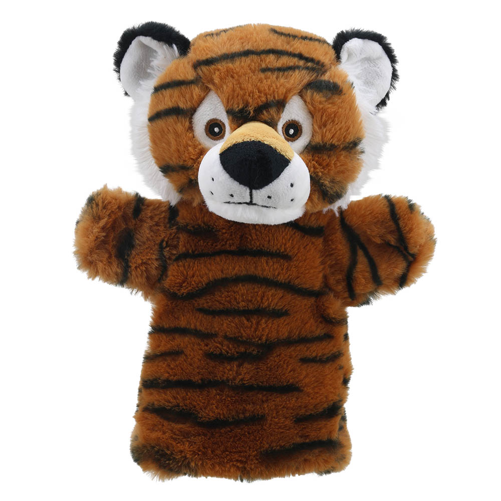 The Puppet Company Baby-Handpuppe Tiger, orangefarbener Tiger mit schwarzen Streifen und weißem Kinn
