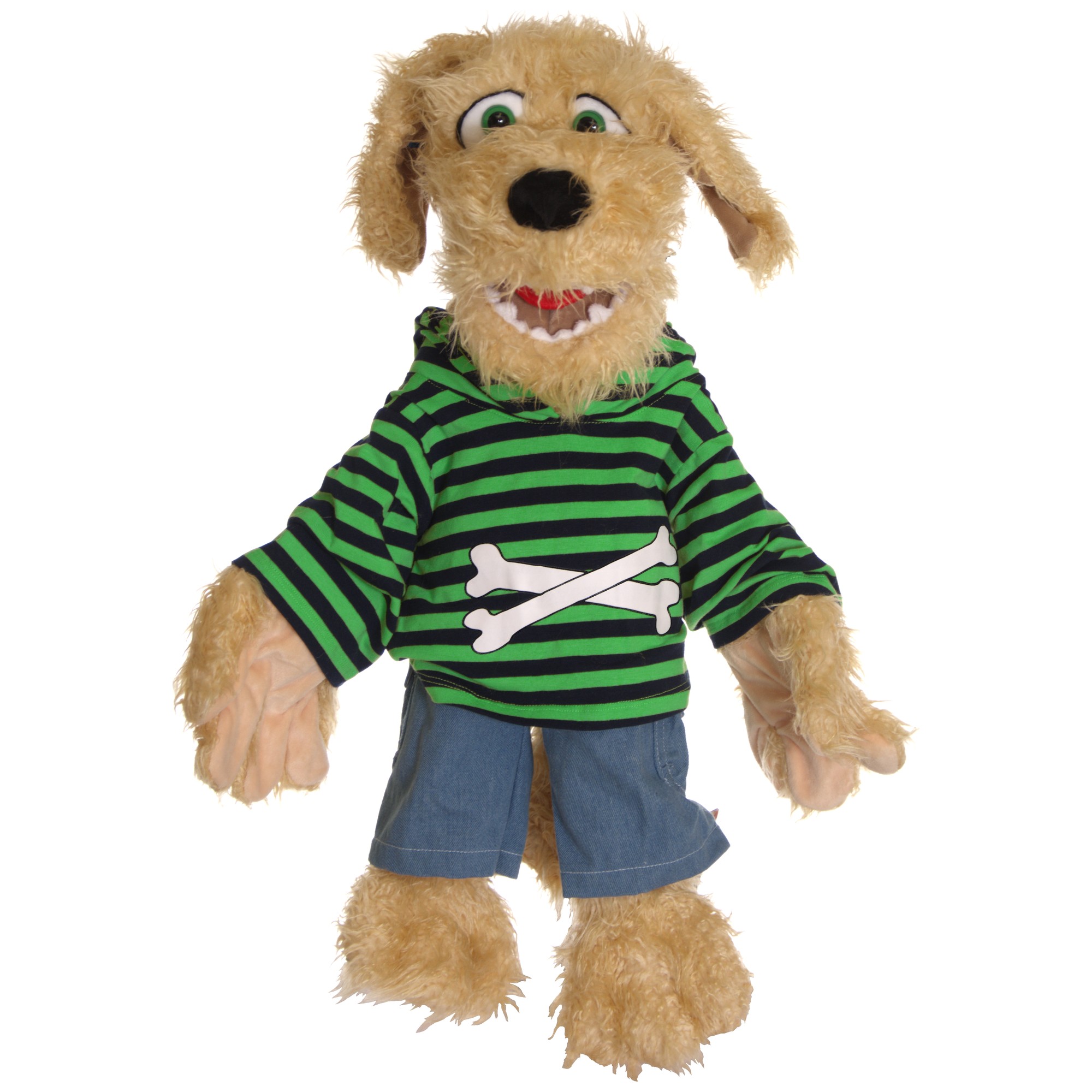 Living Puppets Handpuppe Hund Bosse im grün gestreiften Shirt mit Knochen-Motiv und Jeans-Shorts
