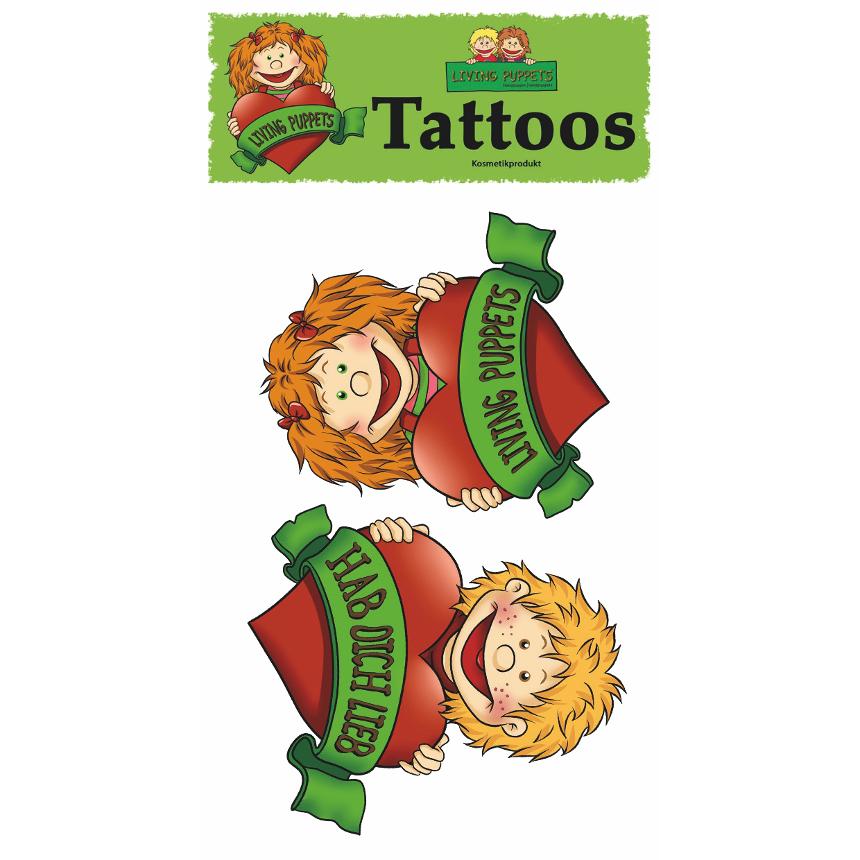 Living Puppets Kinder-Tattoos Lilabell und Lasse mit Herz-Motiven und Hab-dich-lieb-Banner, Tattoo-Bogen in Verpackung