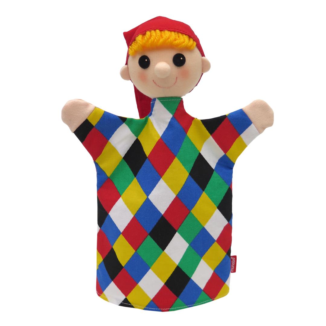 Kasperlepuppe Kasper von munabo mit orangem Haar, roter Zipfelmütze und buntem Rautenkostüm