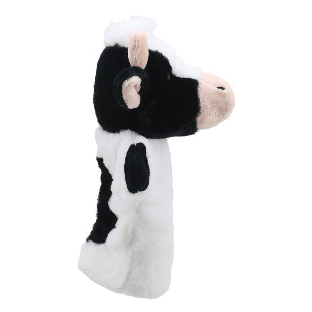 The Puppet Company baby hand puppet cow, black and white cow with a white forelock, right side view