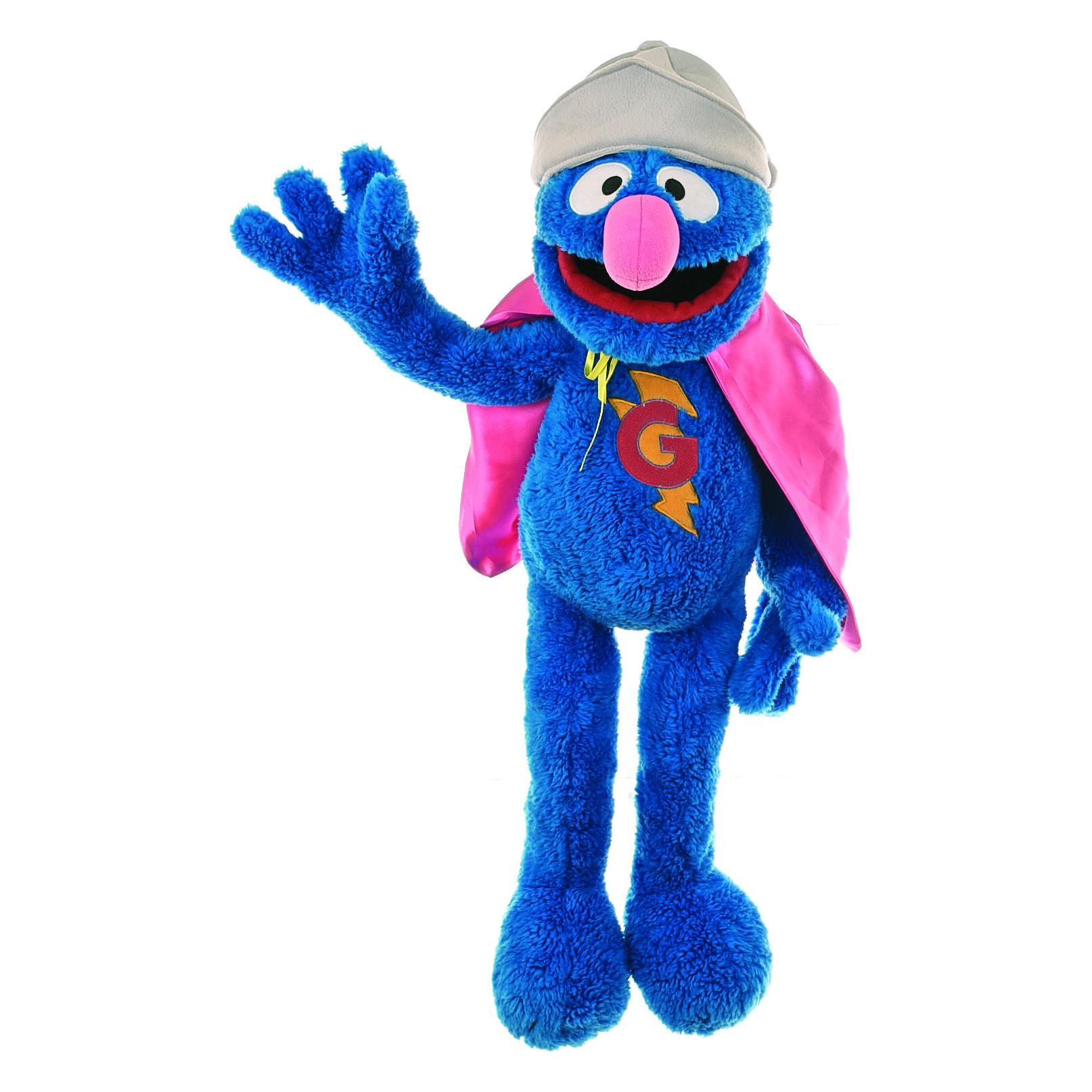 Living Puppets Handpuppe Supergrobi aus der Sesamstraße mit blauem Fell, beigem Helm und rosa Umhang mit G-Emblem, winkend