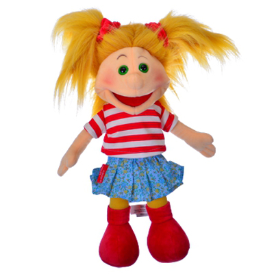 Living Puppets mini hand puppet Gisell with blond pigtails, striped shirt and floral skirt