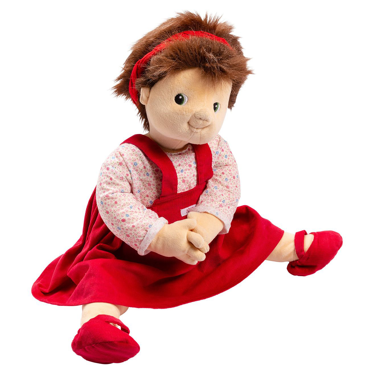 Joyk Empathiepuppe Ingrid sitzend im roten Cordkleid mit roten Stoffschuhen