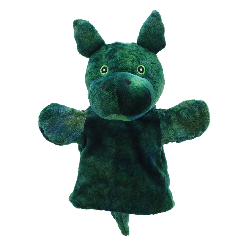 The Puppet Company Baby-Handpuppe Grüner Drache, dunkelgrüner Drache mit spitzen Ohren und gelben Augen