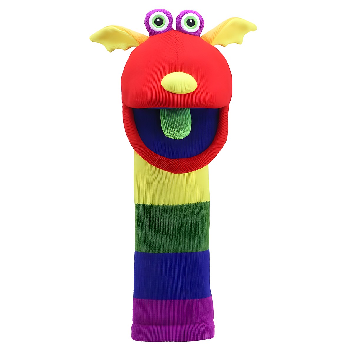 The Puppet Company Sockenhandpuppe Sunny, rotes Monster mit gelben Hörnern und regenbogengestreiftem Körper