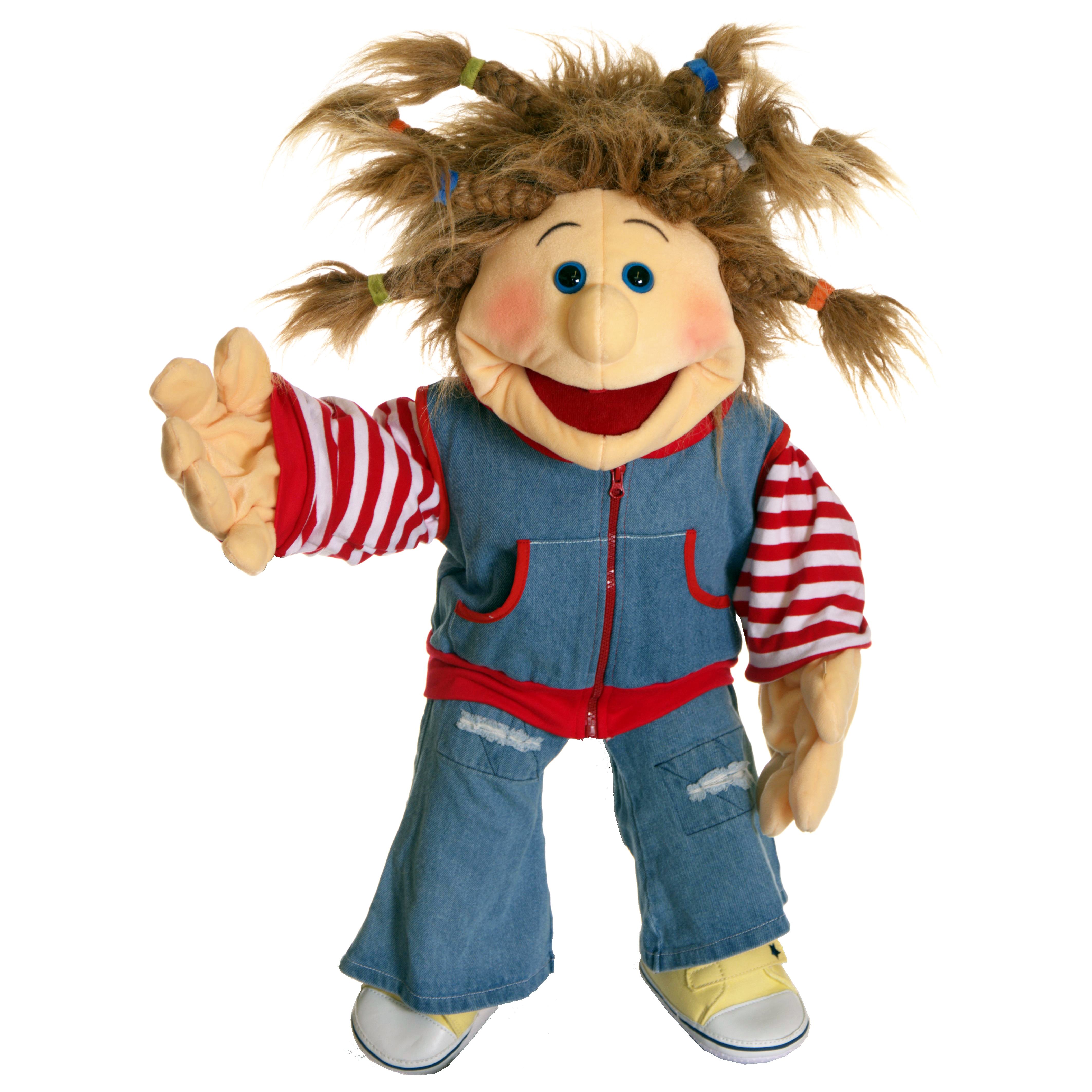 Living Puppets Handpuppe Ronja mit zerzausten Haaren und bunten Gummis, Jeansweste über rot-weiß gestreiftem Shirt und Jeans, winkend