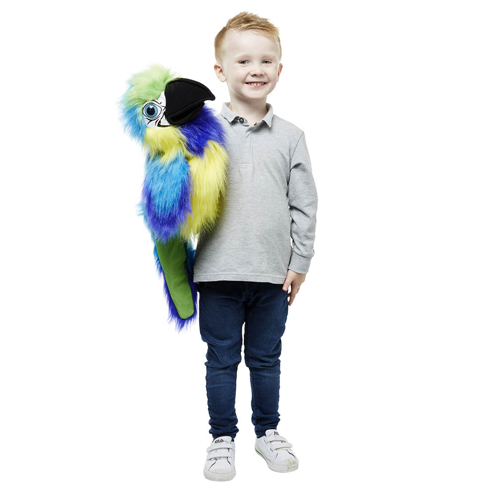Junge hält die The Puppet Company Handpuppe Blau-Gold-Ara auf dem Arm, Anwendungsbeispiel