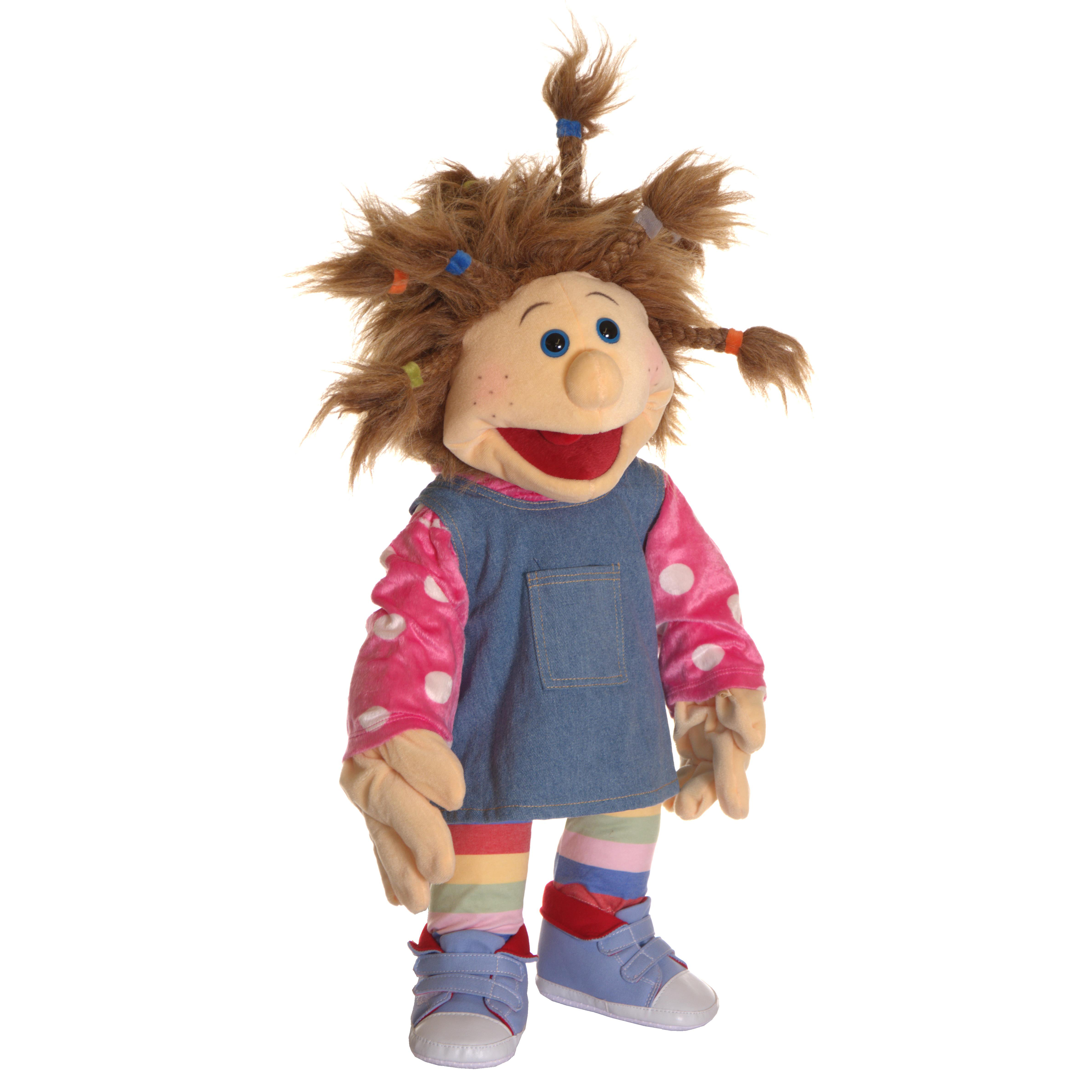 Living Puppets Handpuppe Ilselotte Keksberg frontal mit Jeanskleid und Punkte-Ärmeln