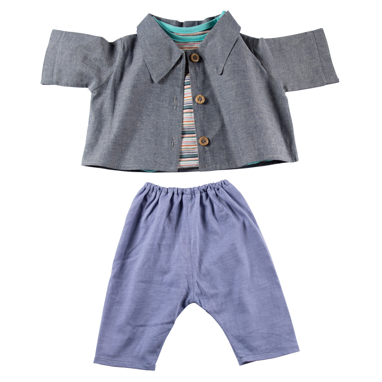 Joyk Kleiderset Denim-Look: graue Hemdjacke mit Holzknöpfen und blaugraue Hose