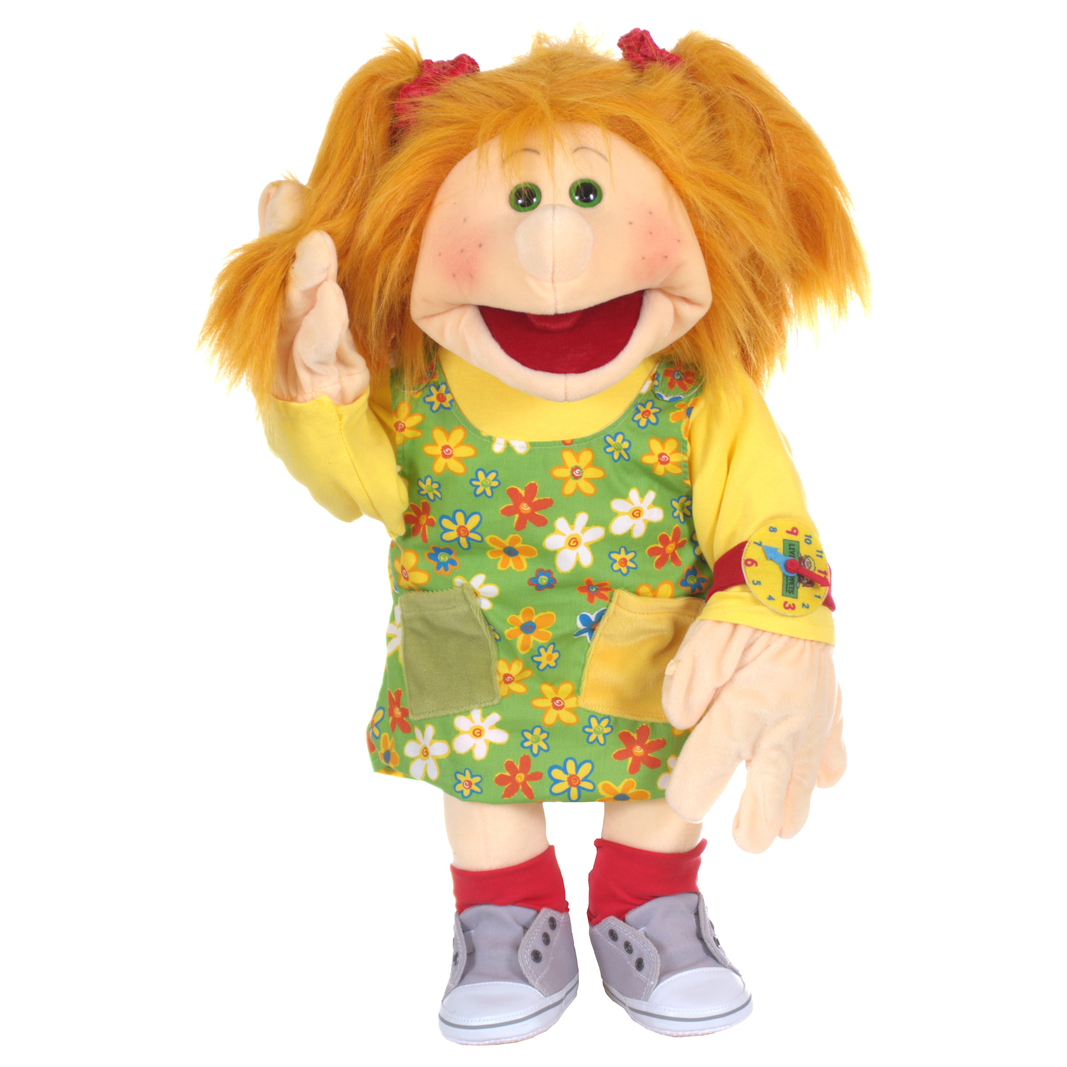 Living Puppets hand puppet Marleen with orange pigtails, green flowered dress over a yellow shirt, red socks and grey trainers, one hand raised