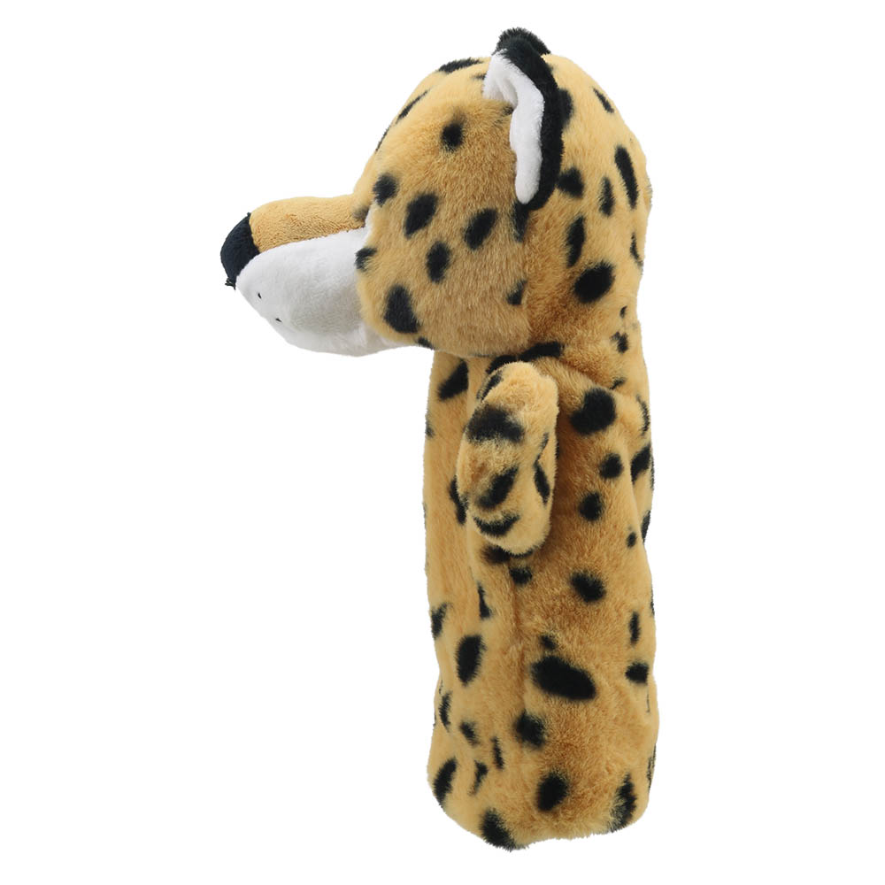 The Puppet Company baby hand puppet leopard, spotted puppet with a white muzzle, side view