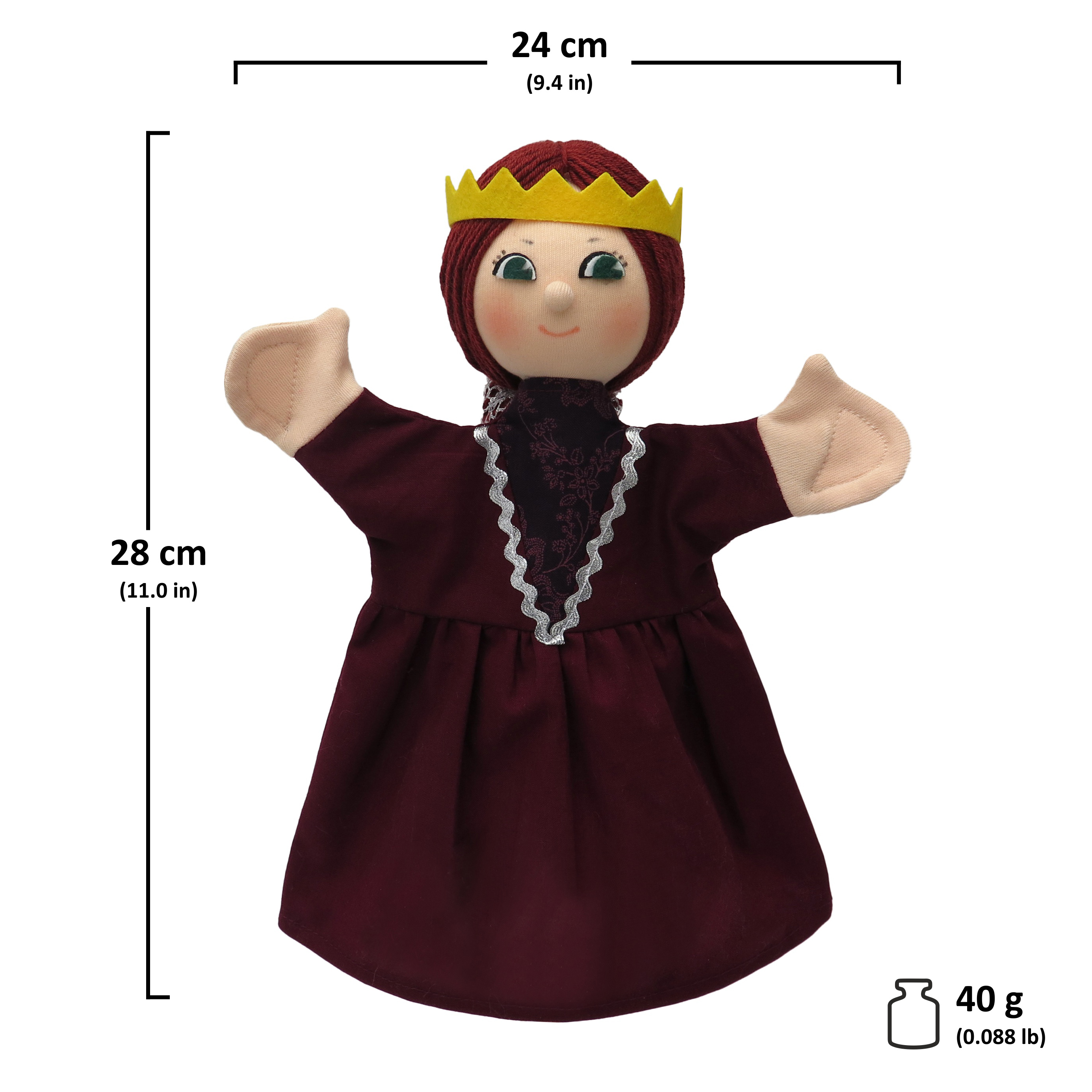 Punch and Judy puppet Queen Isabel by munabo with a yellow crown and wine-red dress, image with size chart