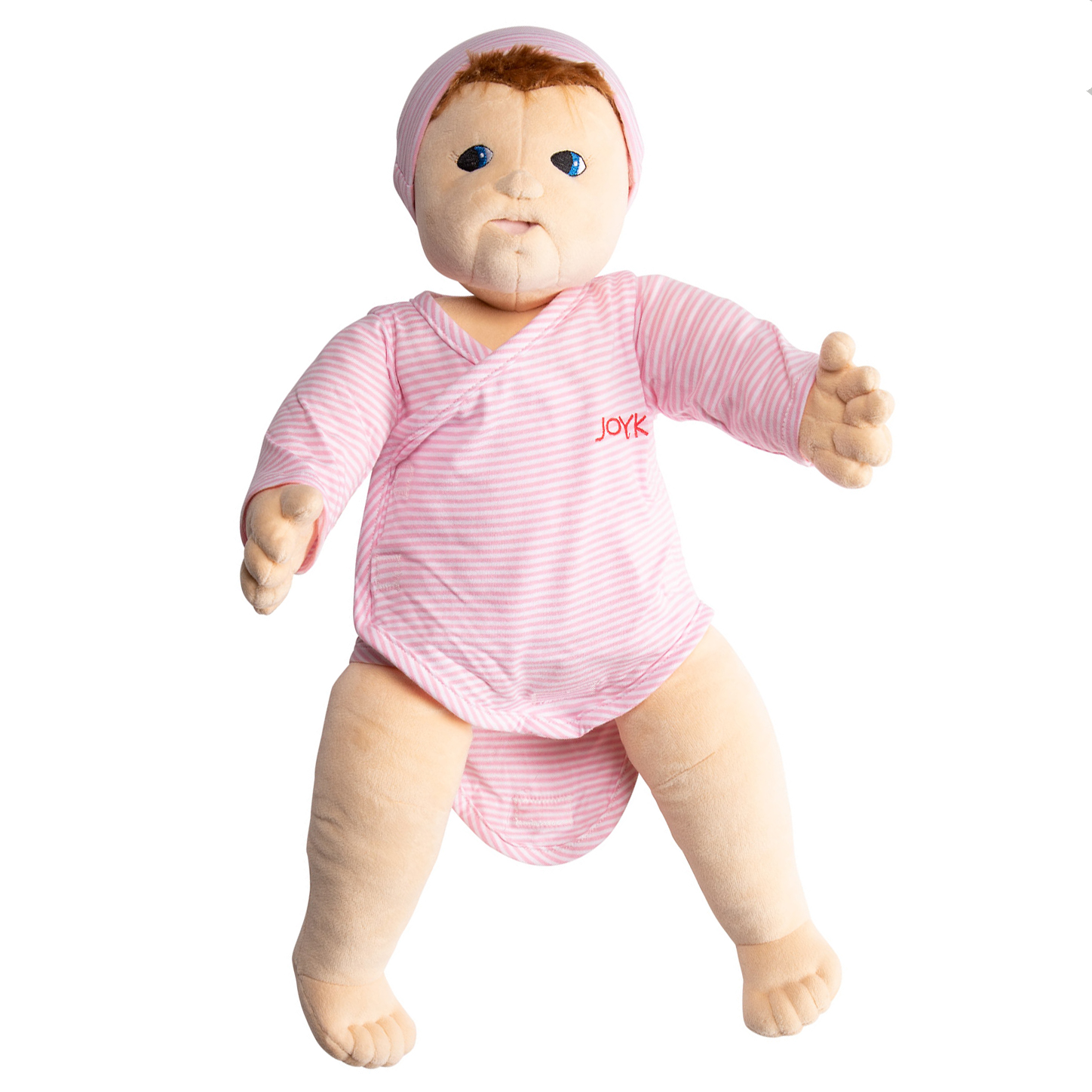 Joyk Empathiepuppe Baby Lilly mit rosa gestreiftem Wickelbody und Mützchen