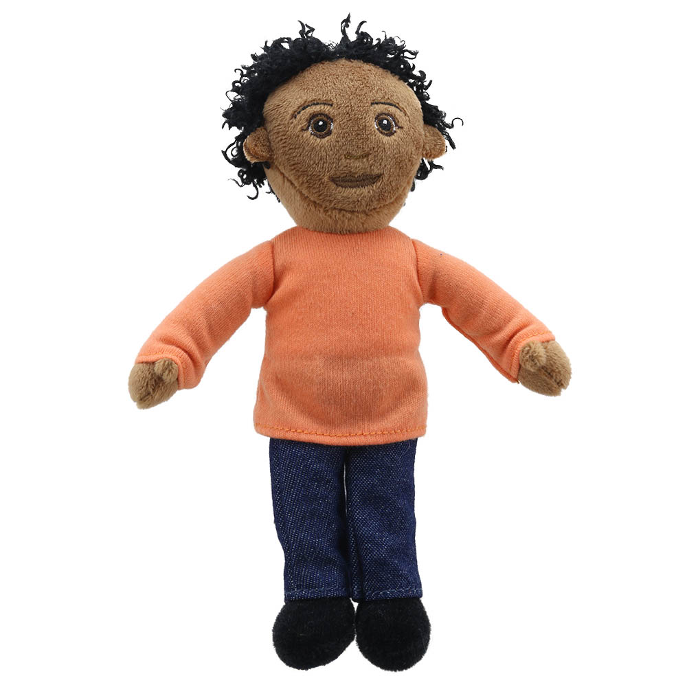The Puppet Company finger puppet Dad, dark-skinned puppet with black curly hair and an orange top