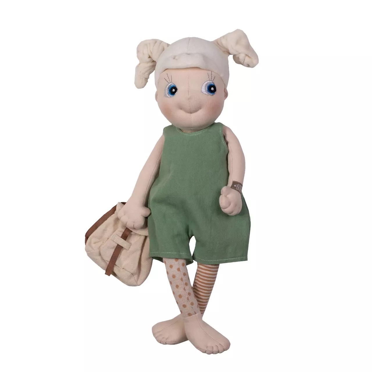Rubens EcoBuds doll in the green spring romper with mini backpack in hand